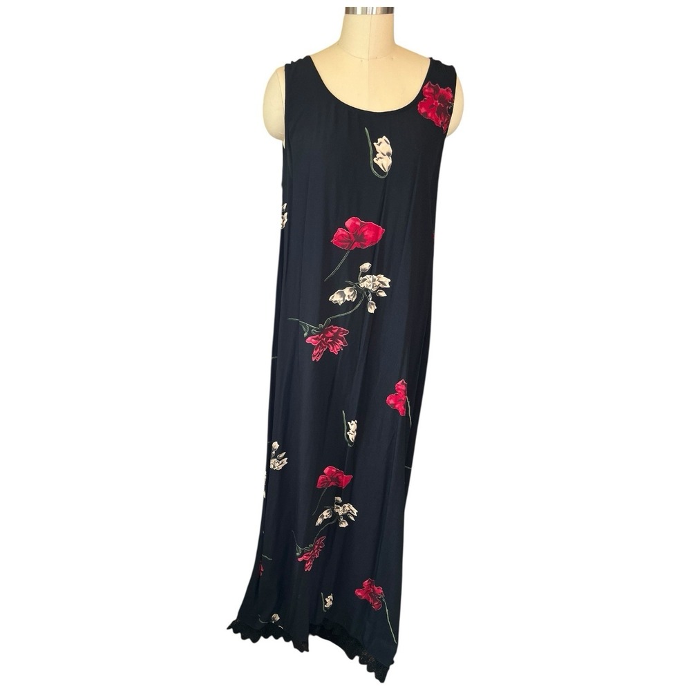 VTG Carol Anderson Floral Maxi Dress‎ Black Red Lace Trim 90s Grunge Fairycore M